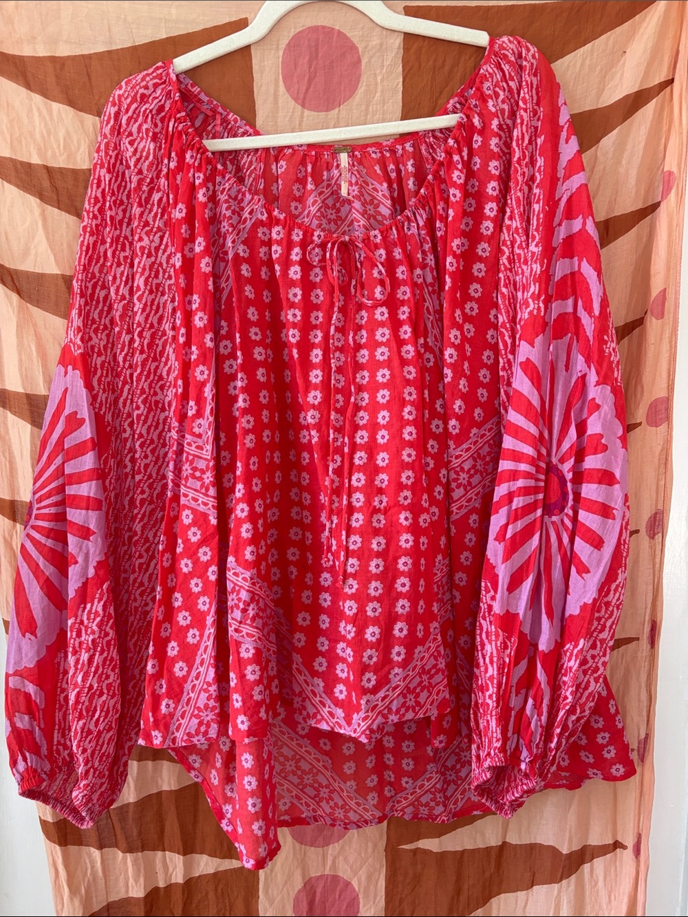 free people Elena printed blouse red pink size large - Picture 2 of 5
